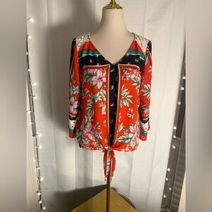 Fig & Flower Floral Lace Yoke Tie Front Boho Blouse Size L